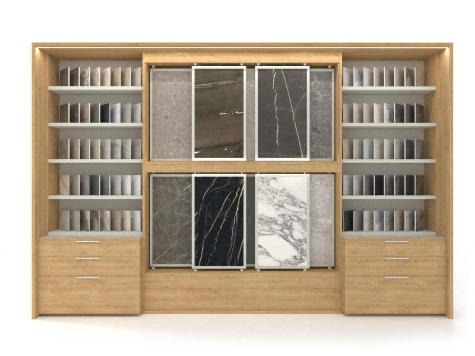 Expositor de azulejos de panel y ceramoteca composición 228 madera frontal