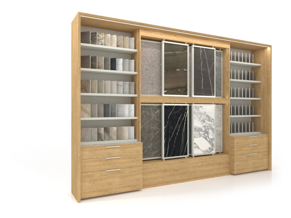 Expositor de azulejos de panel y ceramoteca composición 228 madera lateral