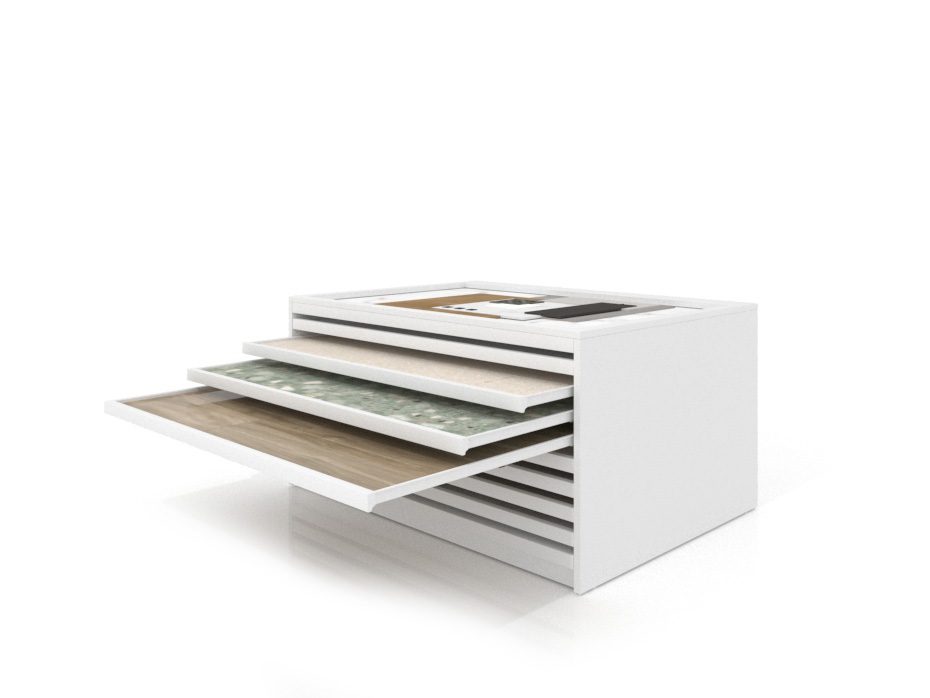 Expositor cerámico tipo cajonera Danubio panel blanco abierto