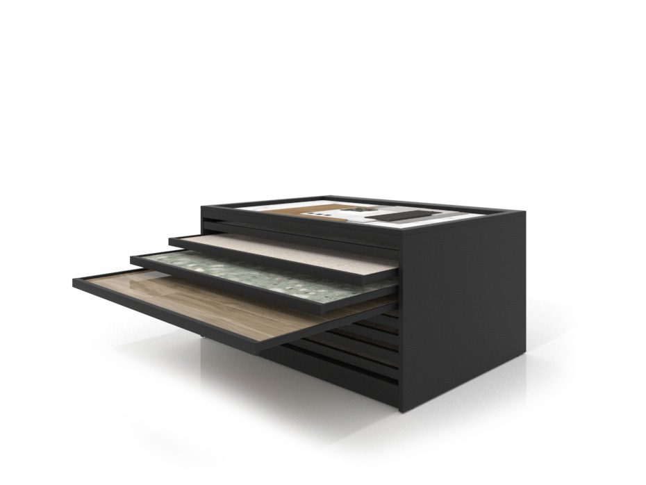 Expositor cerámico tipo cajonera Danubio negro panel abierto