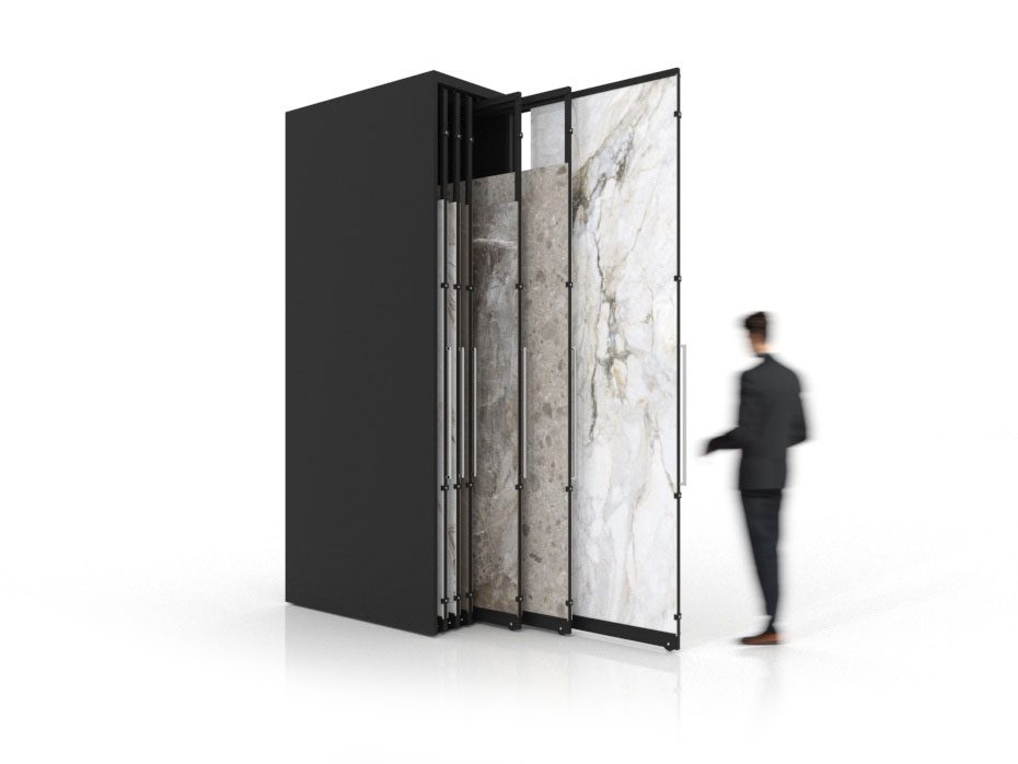 Expositor de azulejos multiformato Denver Polivalente 12 paneles negro abierto