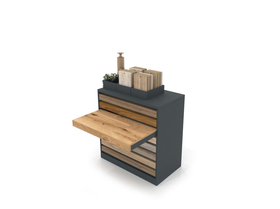 Cajonera para exponer parqué Drawer antracita abierto