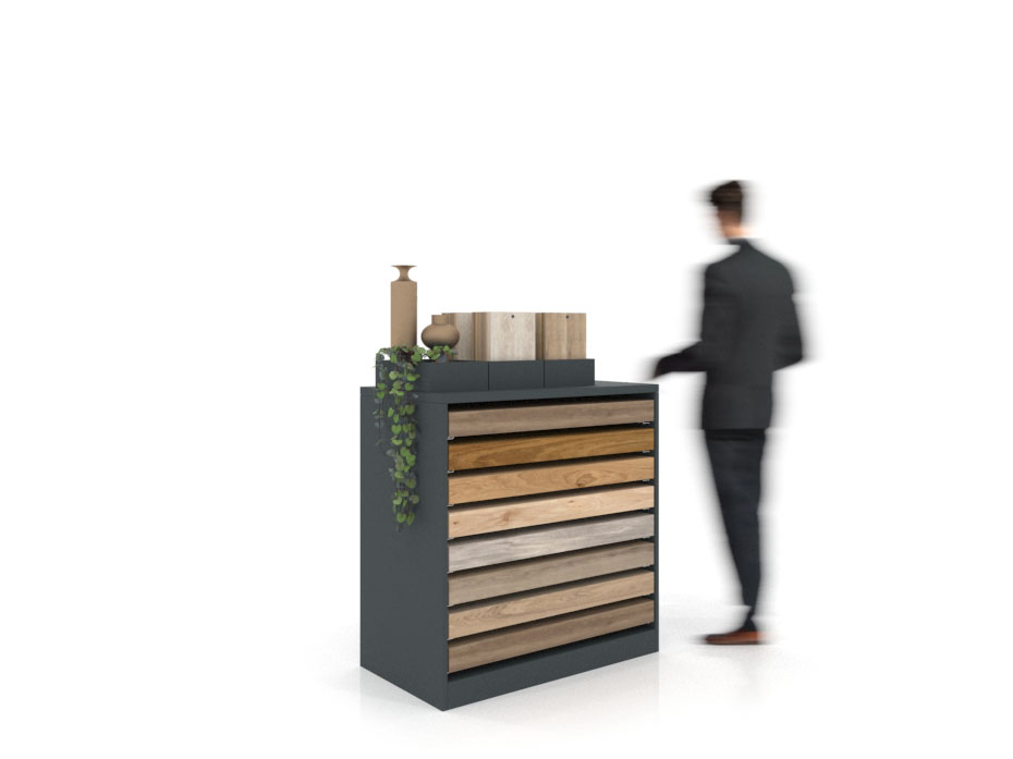 Cajonera para exponer parqué Drawer antracita lateral