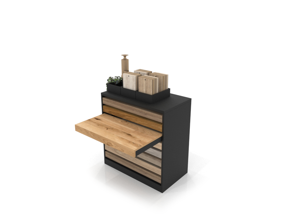 Cajonera para exponer parqué Drawer negro abierto