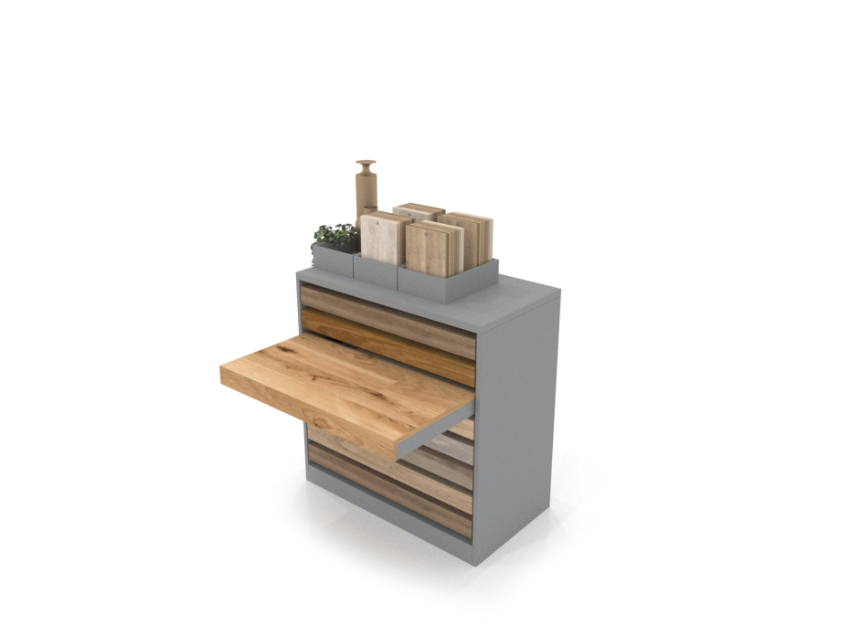Cajonera para exponer parqué Drawer plata abierto