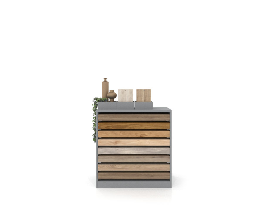 Cajonera para exponer parqué Drawer plata frontal