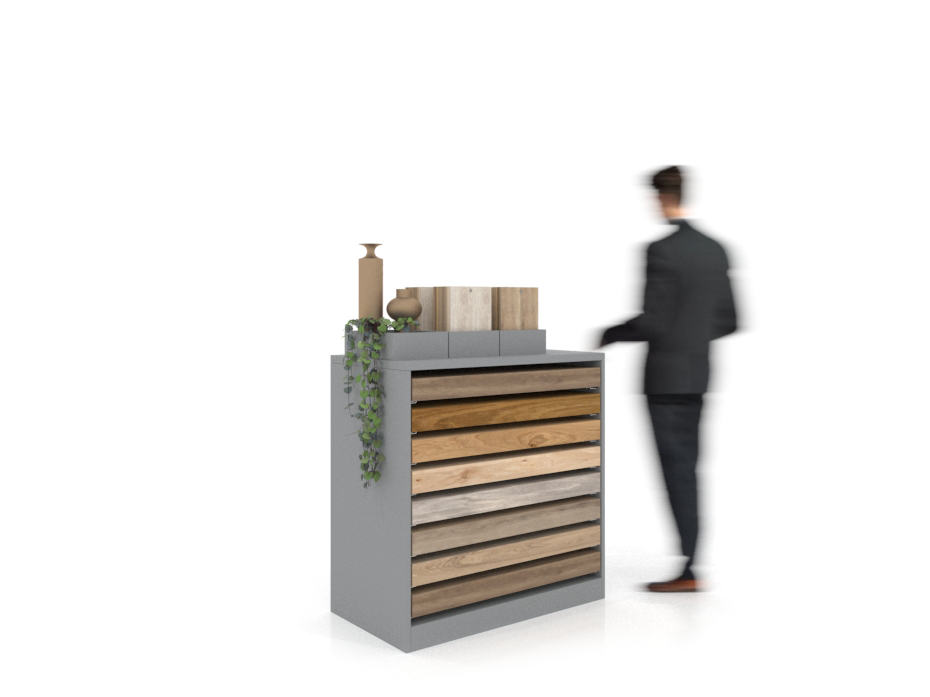 Cajonera para exponer parqué Drawer plata lateral