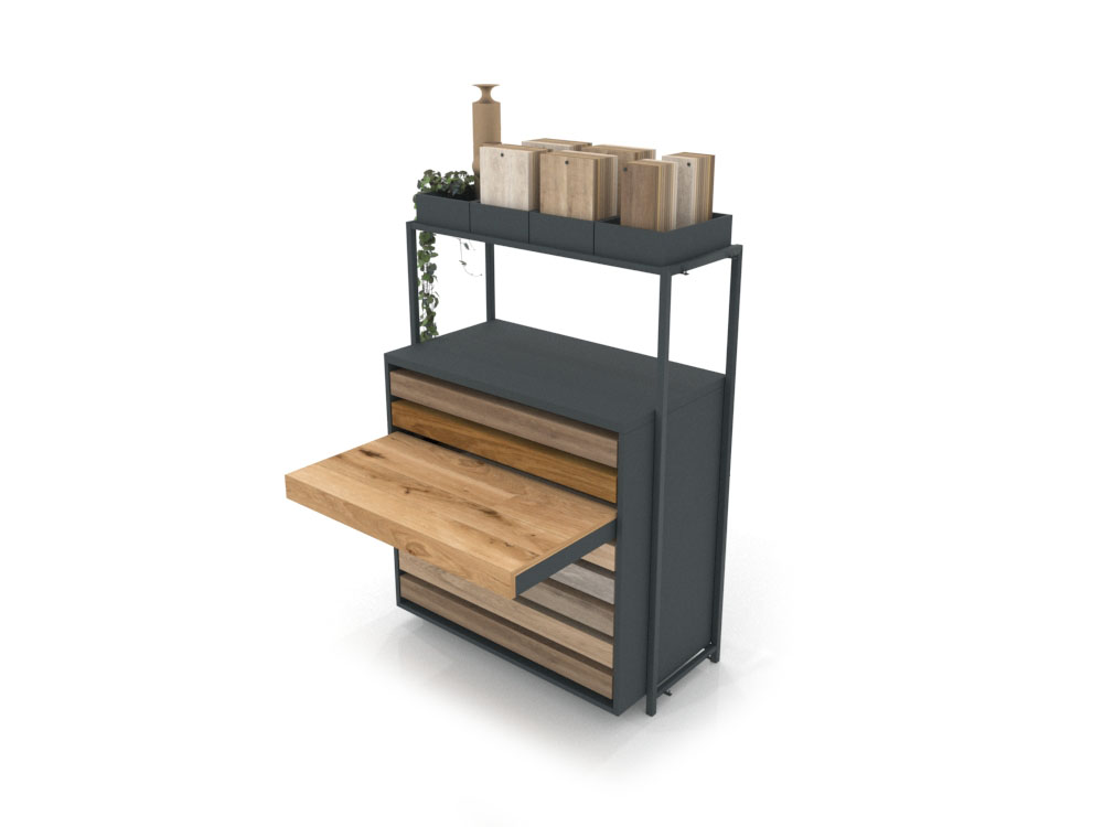 Cajonera para exponer parqué Drawer wall antracita abierto