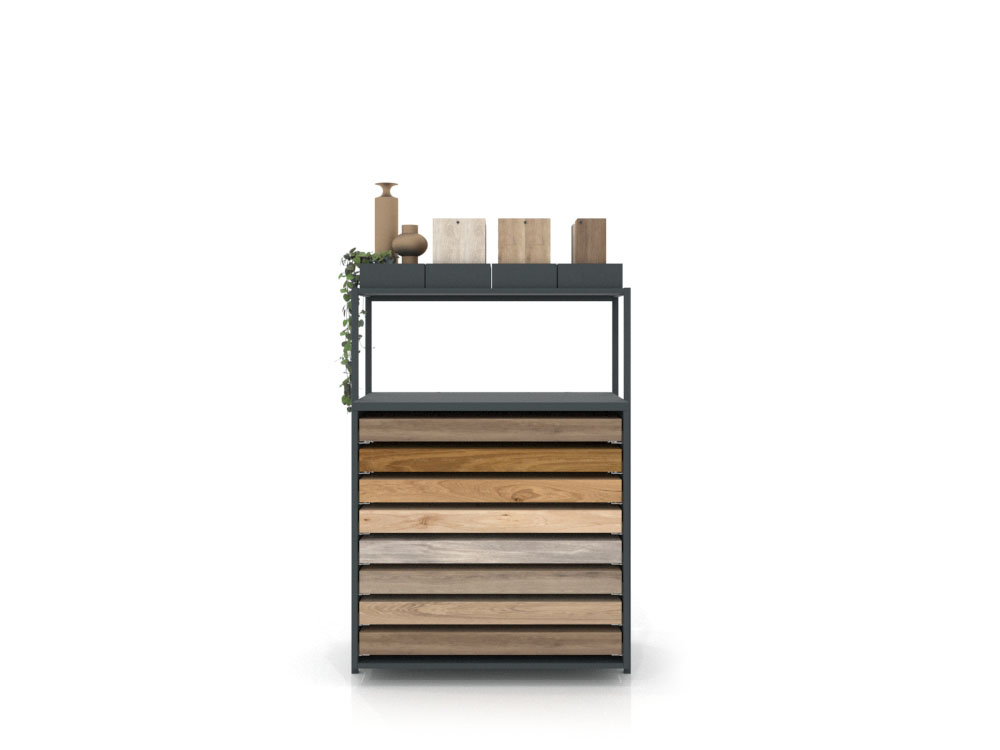 Cajonera para exponer parqué Drawer wall antracita frontal