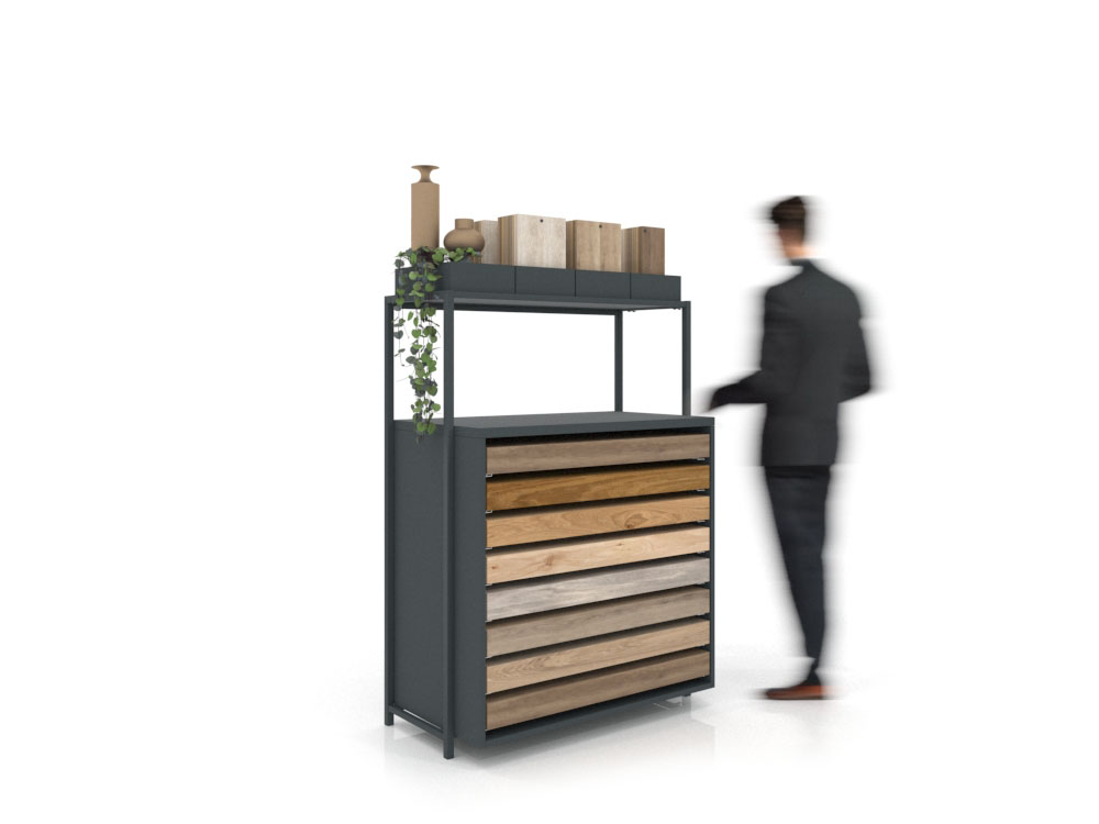 Cajonera para exponer parqué Drawer wall antracita lateral