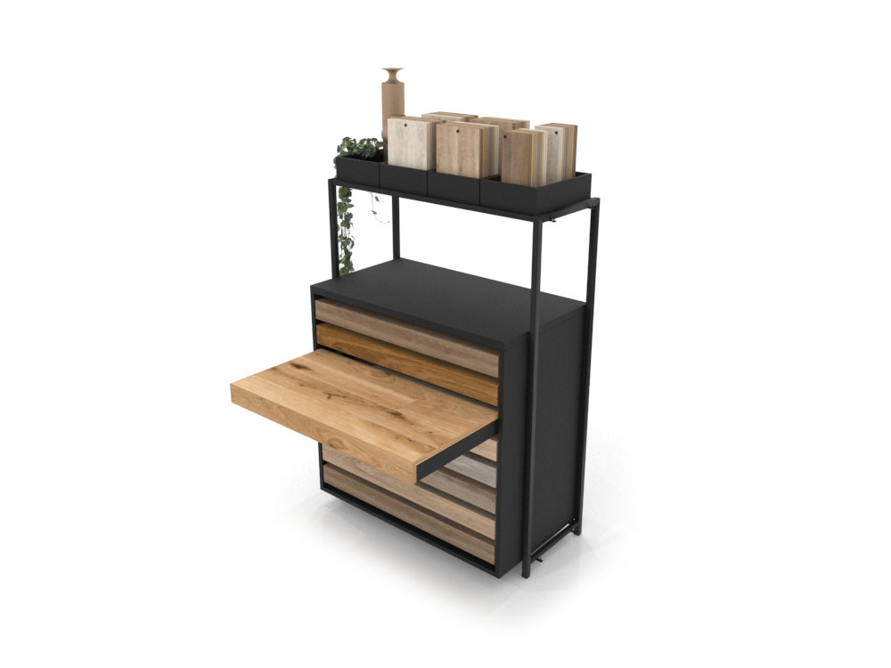 Cajonera para exponer parqué Drawer wall negro abierto
