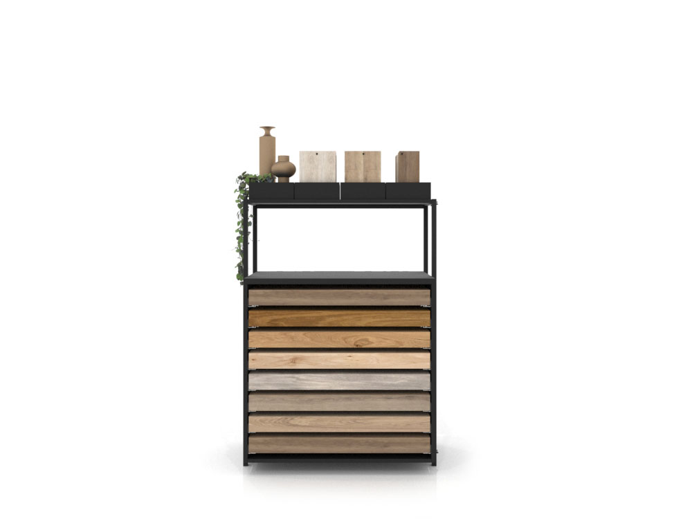 Cajonera para exponer parqué Drawer wall negro frontal
