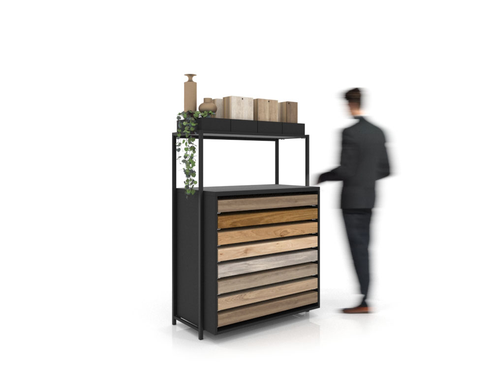 Cajonera para exponer parqué Drawer wall negro lateral