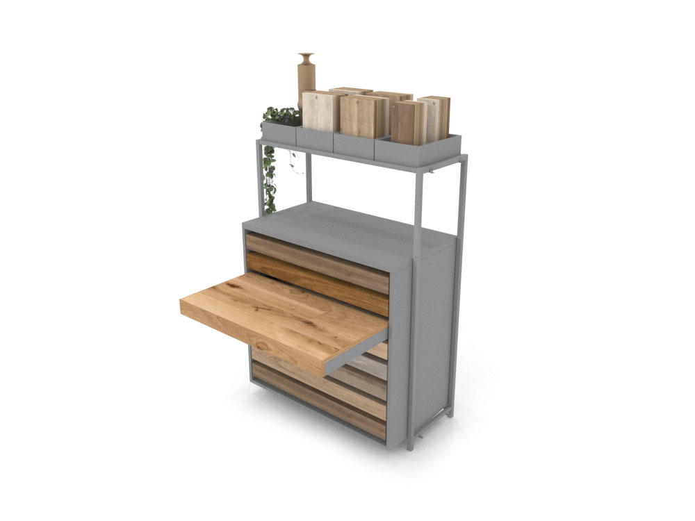 Cajonera para exponer parqué Drawer wall plata abierto