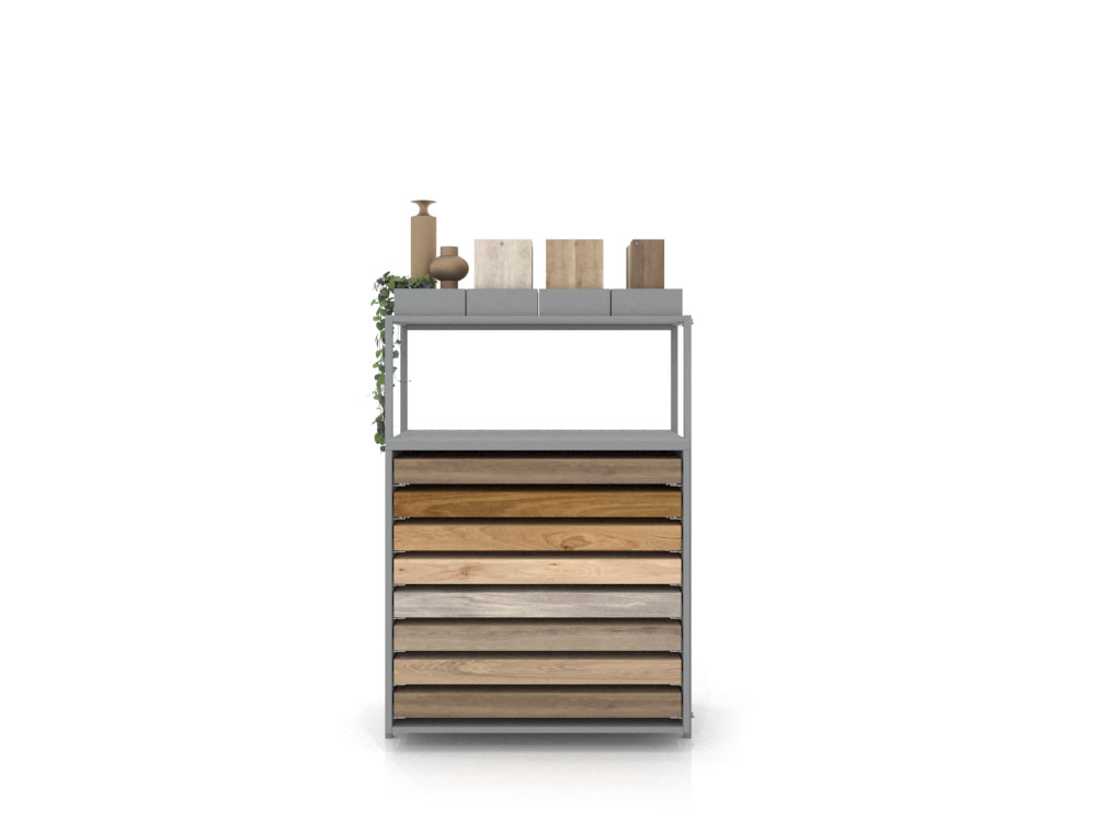 Cajonera para exponer parqué Drawer wall plata frontal