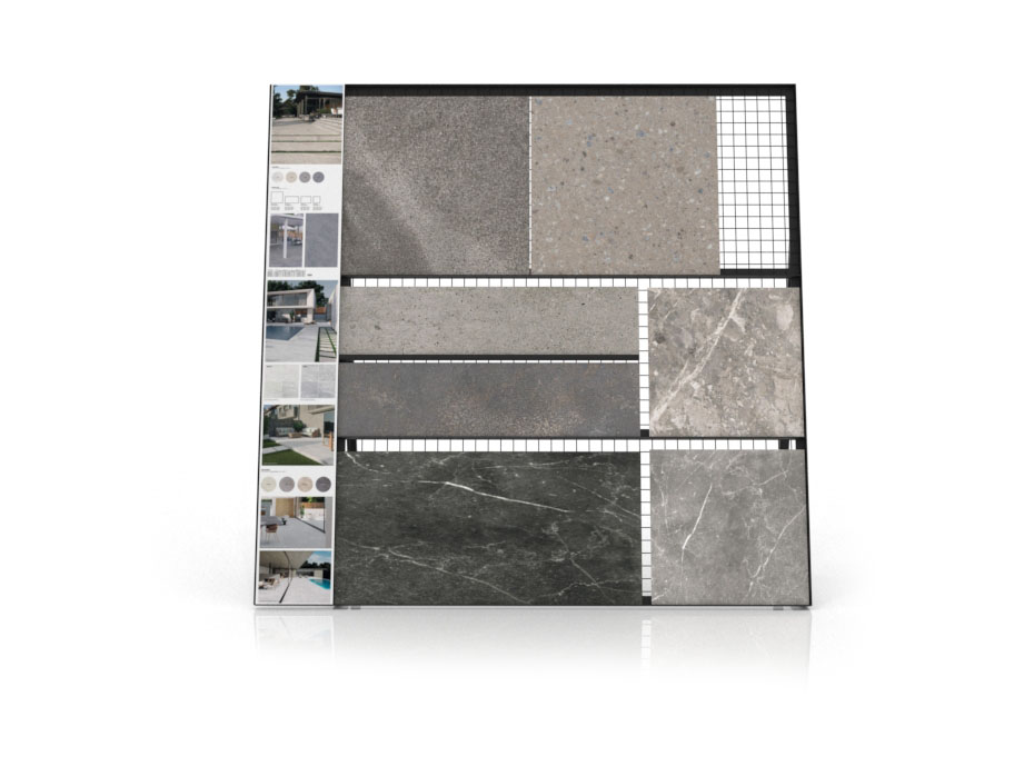 Expositor de rejilla para exponer azulejos Grid Outdoor negro frontal