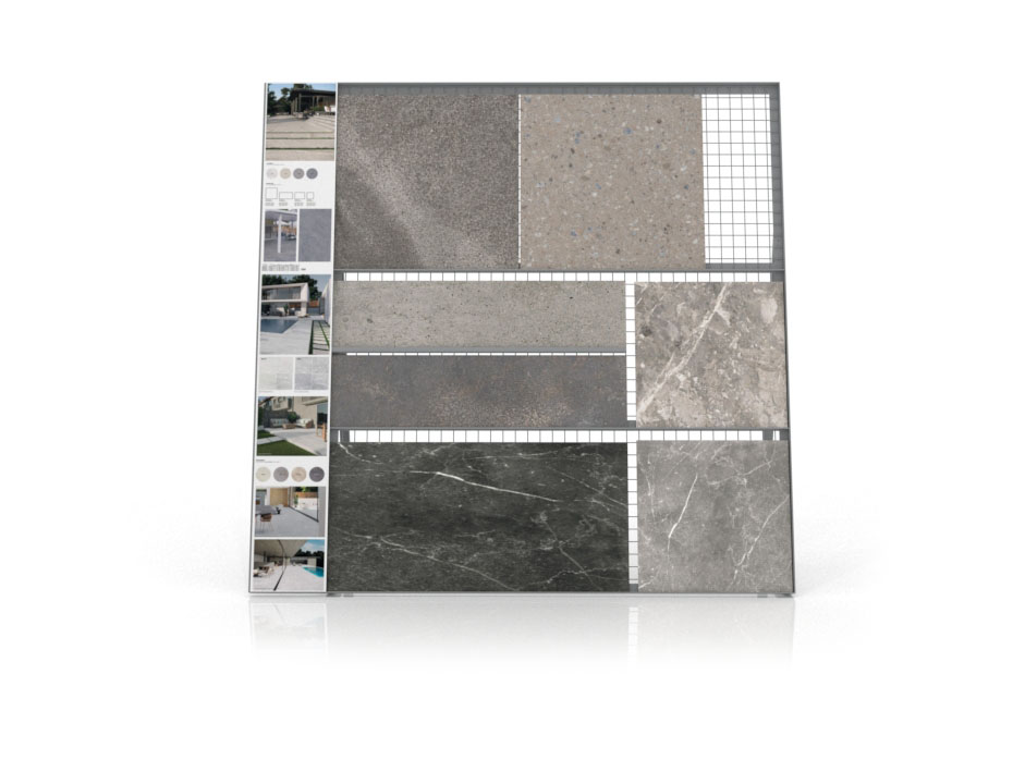 Expositor de rejilla para exponer azulejos Grid Outdoor plata frontal