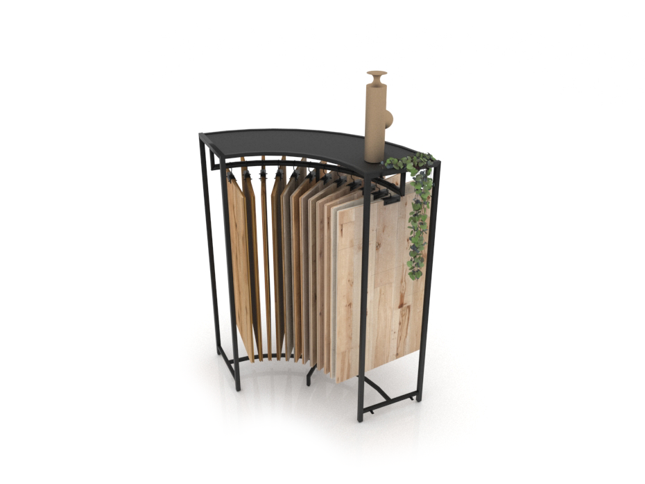 Expositor tipo perchero para exponer madera Hanger Curvo negro aerea