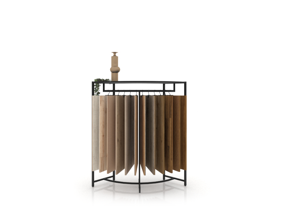 Expositor tipo perchero para exponer madera Hanger Curvo negro frontal