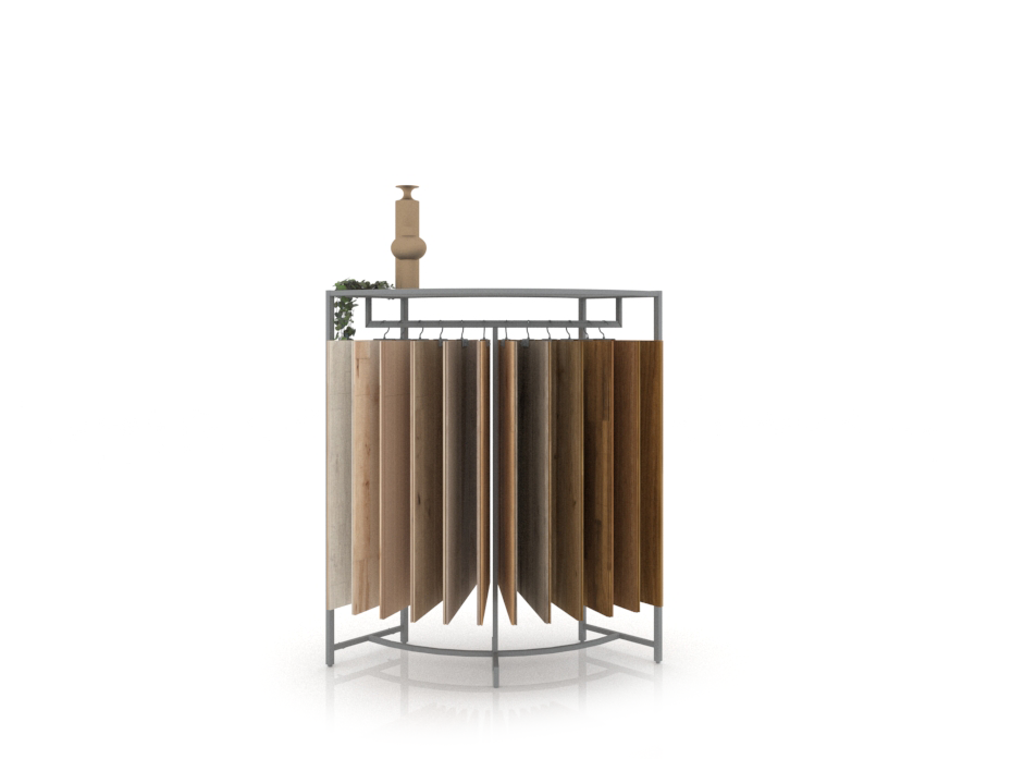 Expositor tipo perchero para exponer madera Hanger Curvo plata frontal