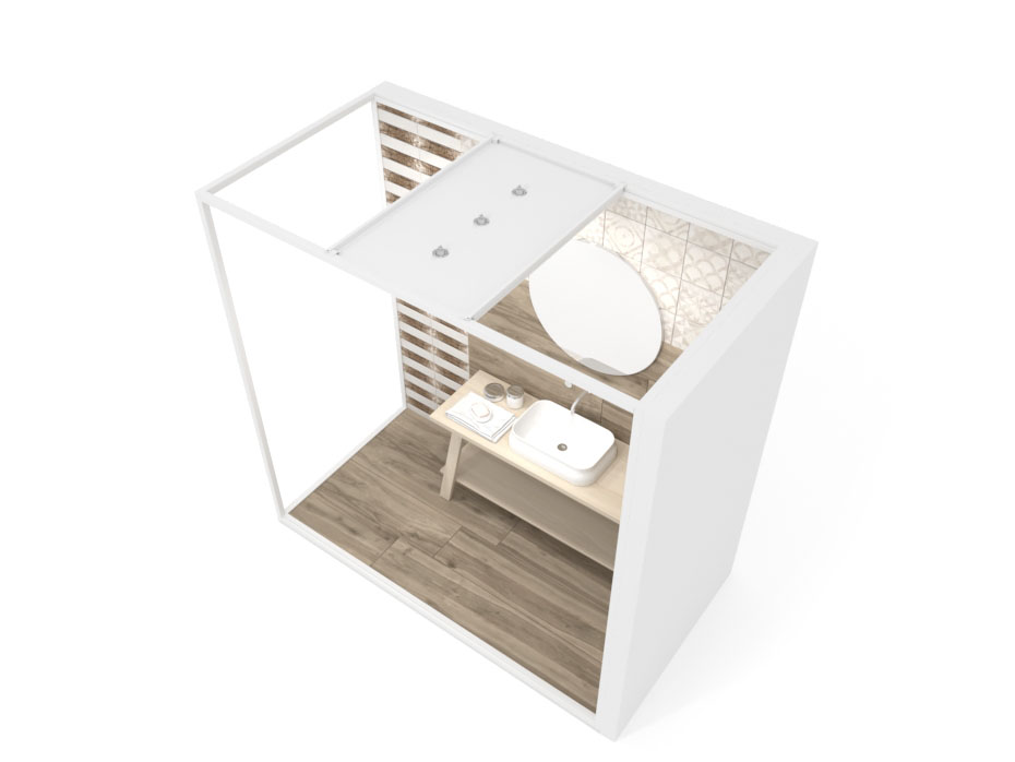 Ambiente para exponer cerámica Isla Corner 240x120 2400 dx luz tabique blanco aerea
