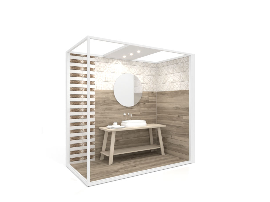 Ambiente para exponer cerámica Isla Corner 240x120 2400 dx luz tabique blanco lateral