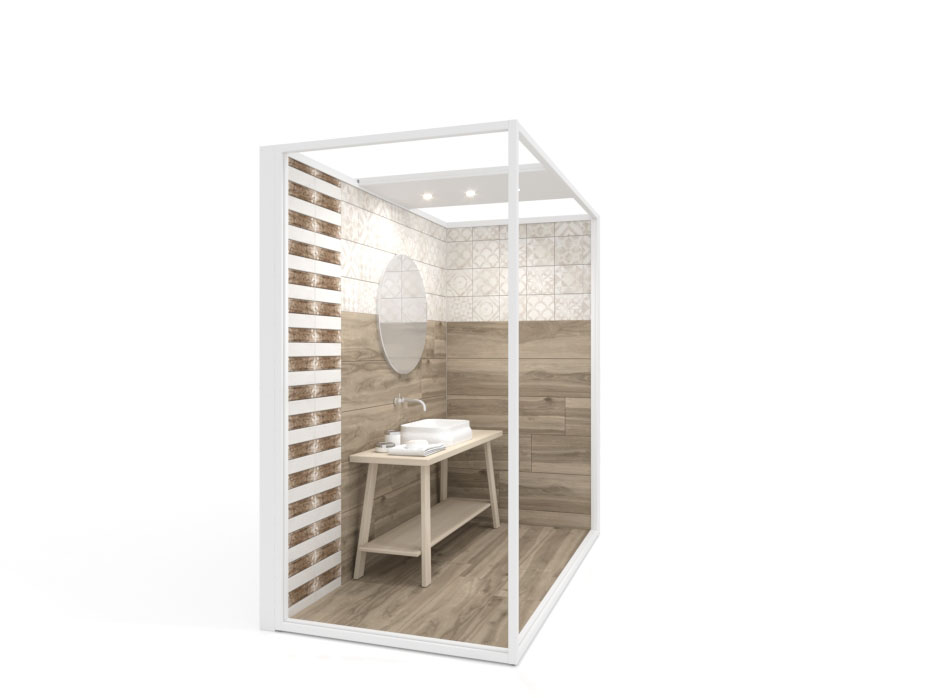 Ambiente para exponer cerámica Isla Corner 240x120 2400 dx luz tabique blanco frontal