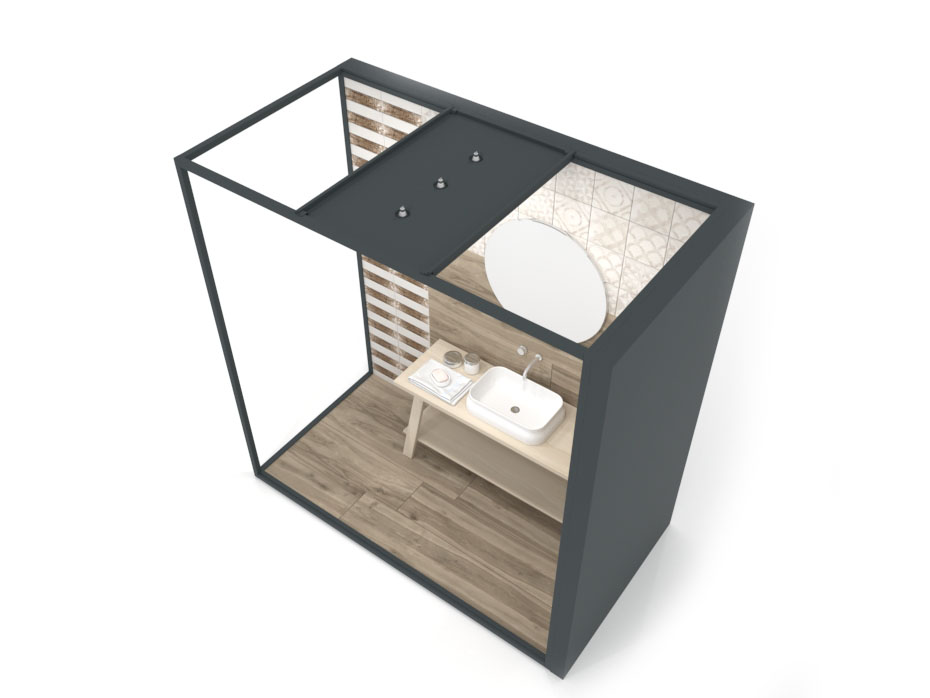 Ambiente para exponer cerámica Isla Corner 240x120 2515 DX antracita aerea tabique luz