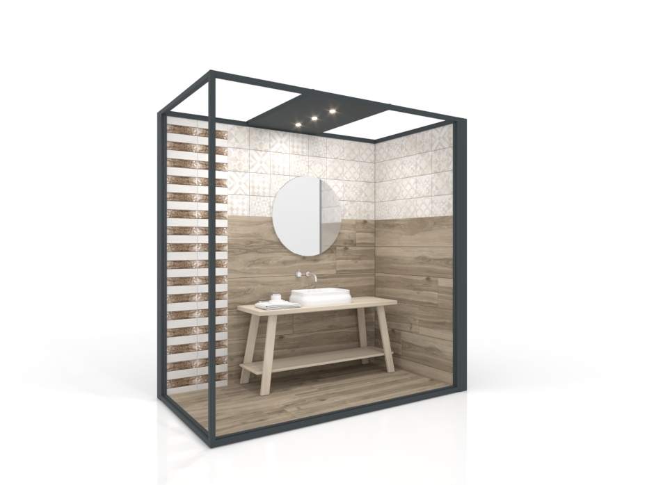 Ambiente para exponer cerámica Isla Corner 240x120 2515 DX antracita frontal tabique luz