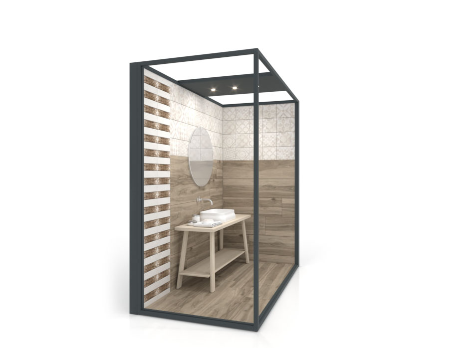 Ambiente para exponer cerámica Isla Corner 240x120 2515 DX antracita lateral tabique luz
