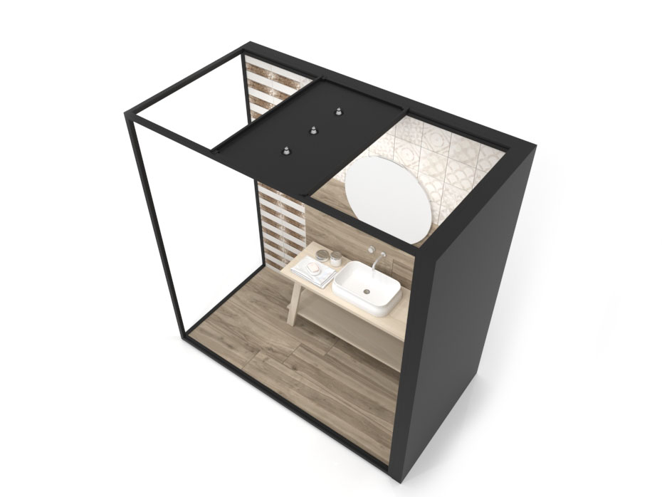 Ambiente para exponer cerámica Isla Corner 240x120 2515 DX negro aerea tabique luz