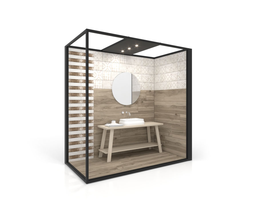 Ambiente para exponer cerámica Isla Corner 240x120 2515 DX negro frontal tabique luz