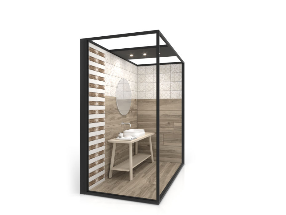 Ambiente para exponer cerámica Isla Corner 240x120 2515 DX negro lateral tabique luz