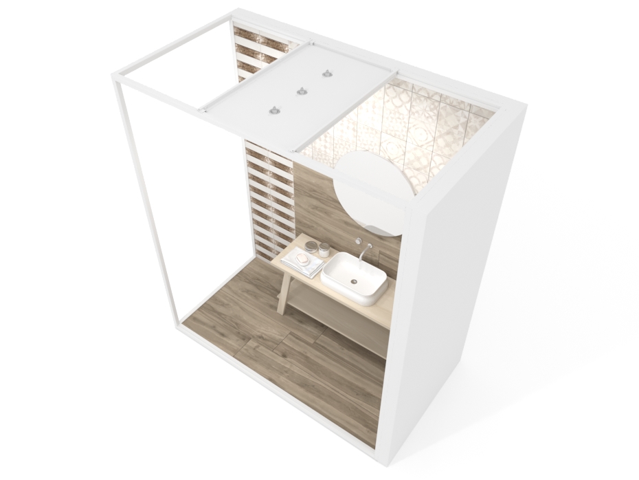 Ambiente para exponer cerámica Isla Corner 240x120 2800 dx luz tabique blanco aerea