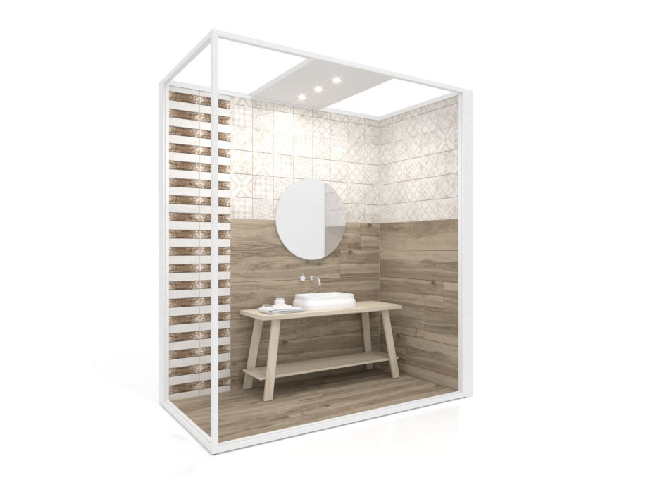 Ambiente para exponer cerámica Isla Corner 240x120 2800 dx luz tabique blanco lateral