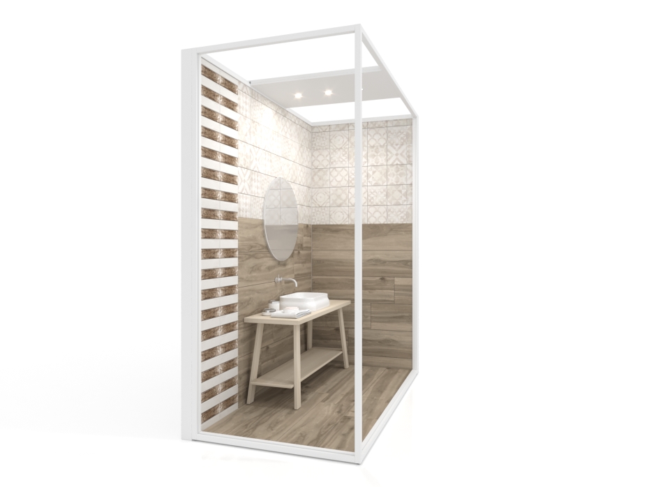 Ambiente para exponer cerámica Isla Corner 240x120 2800 dx luz tabique blanco frontal
