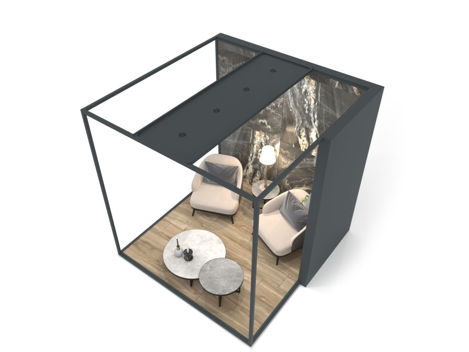 Ambiente expositor de cerámica y baño Isla Corner 240x240 DX antracita 2515 h aerea tabique luz