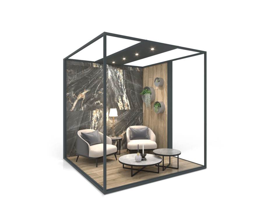 Ambiente expositor de cerámica y baño Isla Corner 240x240 DX antracita 2515 h frontal tabique luz