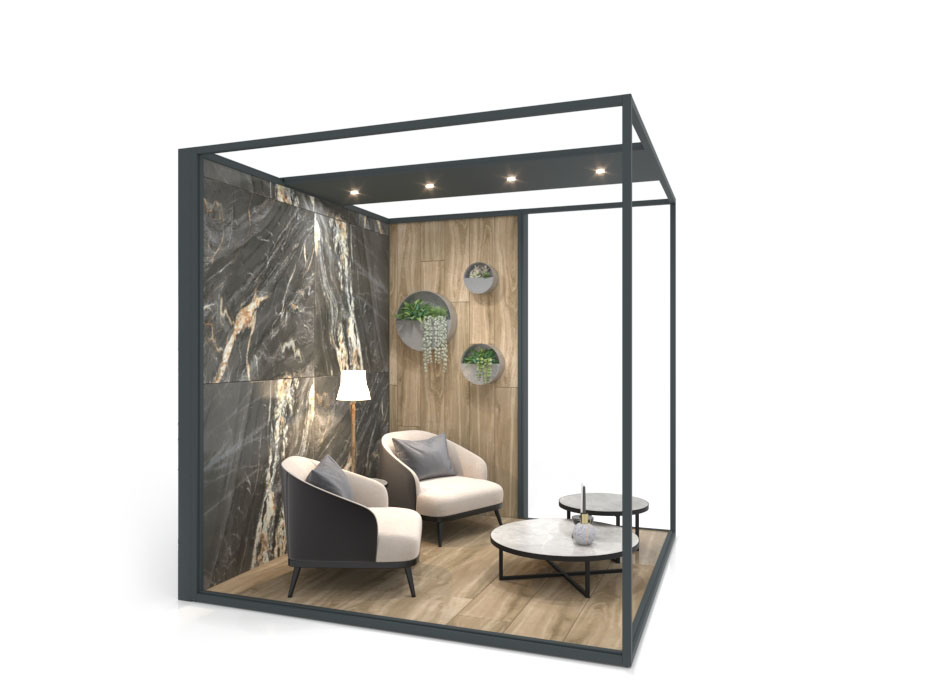 Ambiente expositor de cerámica y baño Isla Corner 240x240 DX antracita 2515 h lateral tabique luz