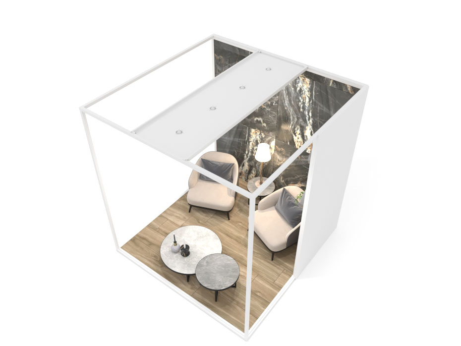 Ambiente expositor de cerámica y baño Isla Corner 240x240_2515 dx luz blanco aerea