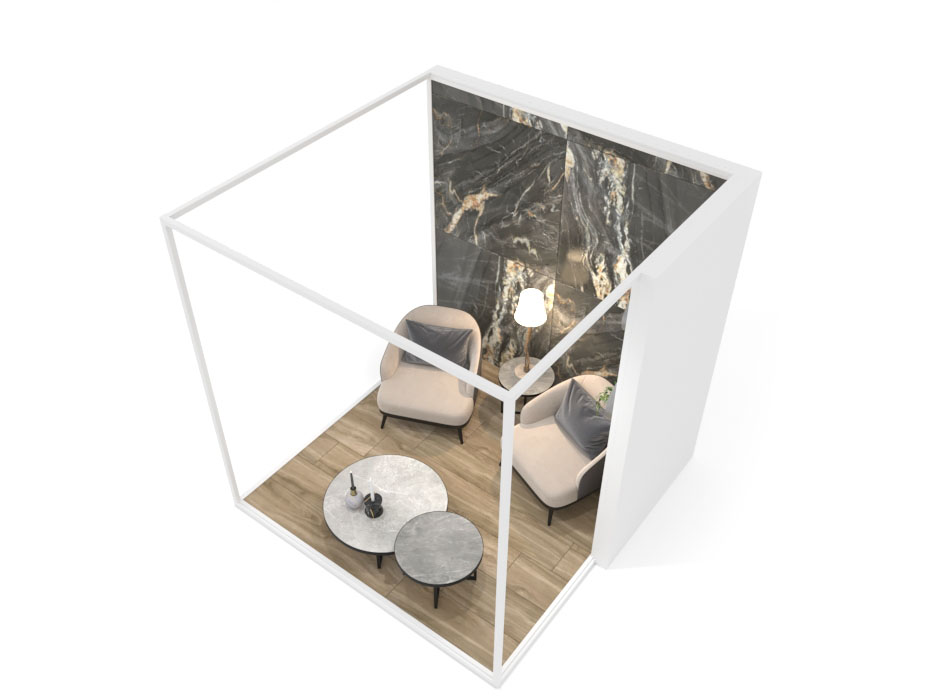 Ambiente expositor de cerámica y baño Isla Corner 240x240_2515 dx tabique blanco aerea