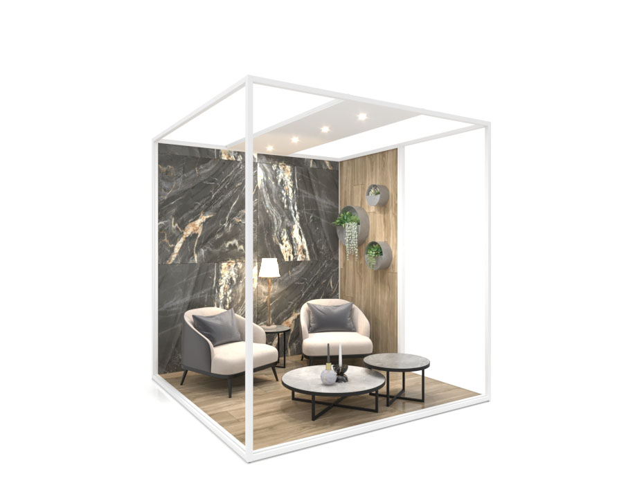 Ambiente expositor de cerámica y baño Isla Corner 240x240_2515 dx luz blanco frontal