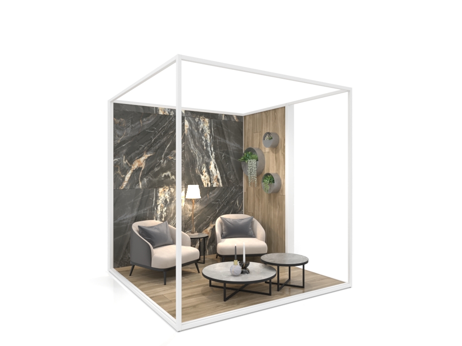 Ambiente expositor de cerámica y baño Isla Corner 240x240_2515 dx tabique blanco frontal