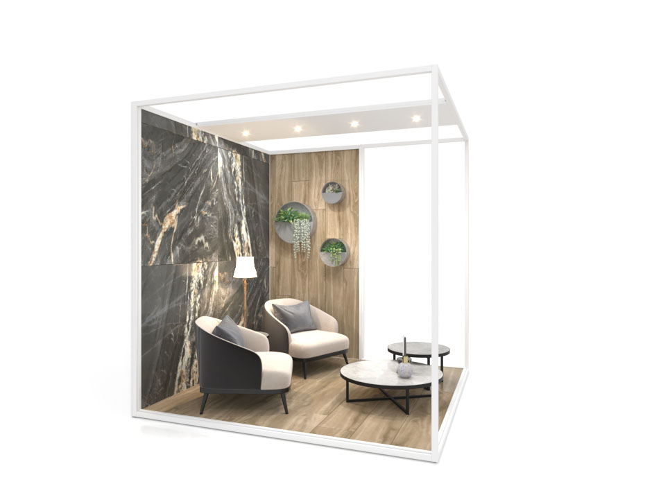 Ambiente expositor de cerámica y baño Isla Corner 240x240_2515 dx luz blanco lateral