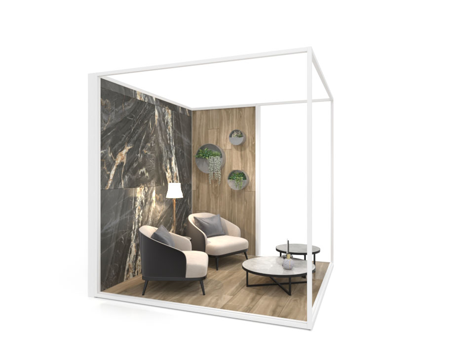 Ambiente expositor de cerámica y baño Isla Corner 240x240_2515 dx tabique blanco lateral