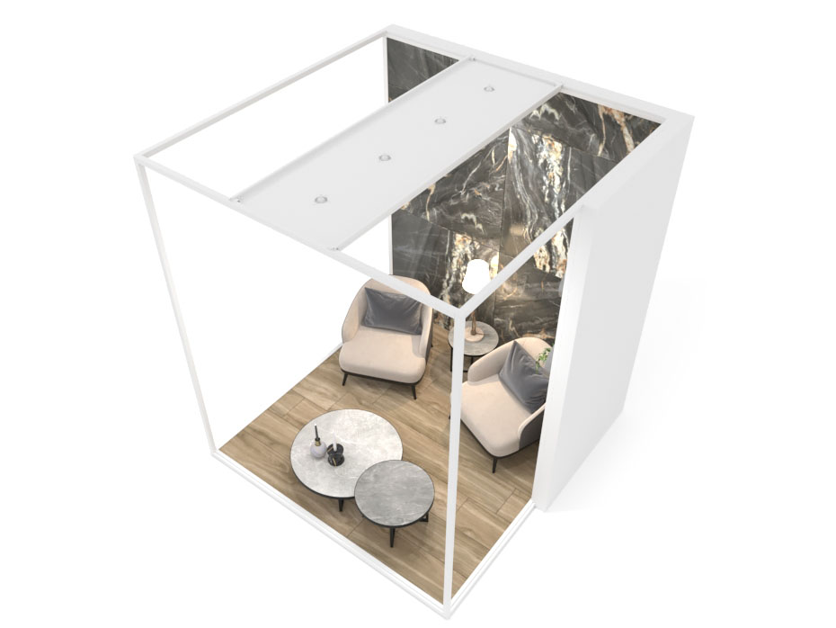 Ambiente expositor de cerámica y baño Isla Corner 240x240_2800 dx luz tabique blanco aerea