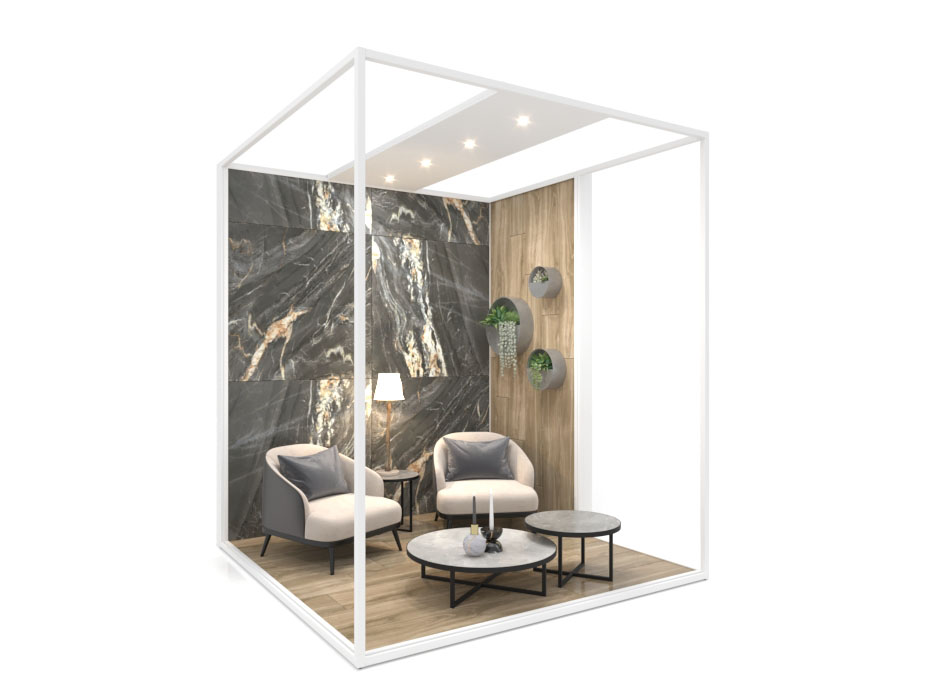 Ambiente expositor de cerámica y baño Isla Corner 240x240_2800 dx luz tabique blanco frontal