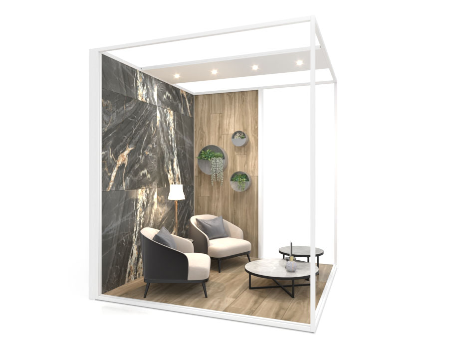 Ambiente expositor de cerámica y baño Isla Corner 240x240_2800 dx luz tabique blanco lateral