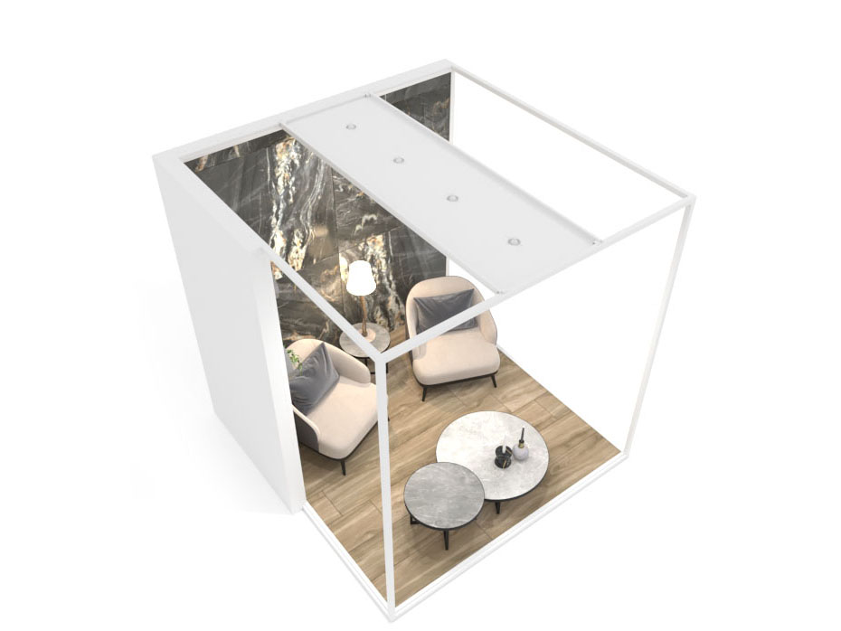 Ambiente expositor de cerámica y baño Isla Corner 240x240_2515 sx luz tabique blanco aerea