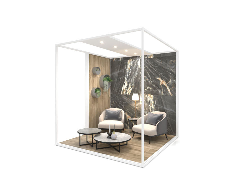 Ambiente expositor de cerámica y baño Isla Corner 240x240_2515 sx luz tabique blanco frontal